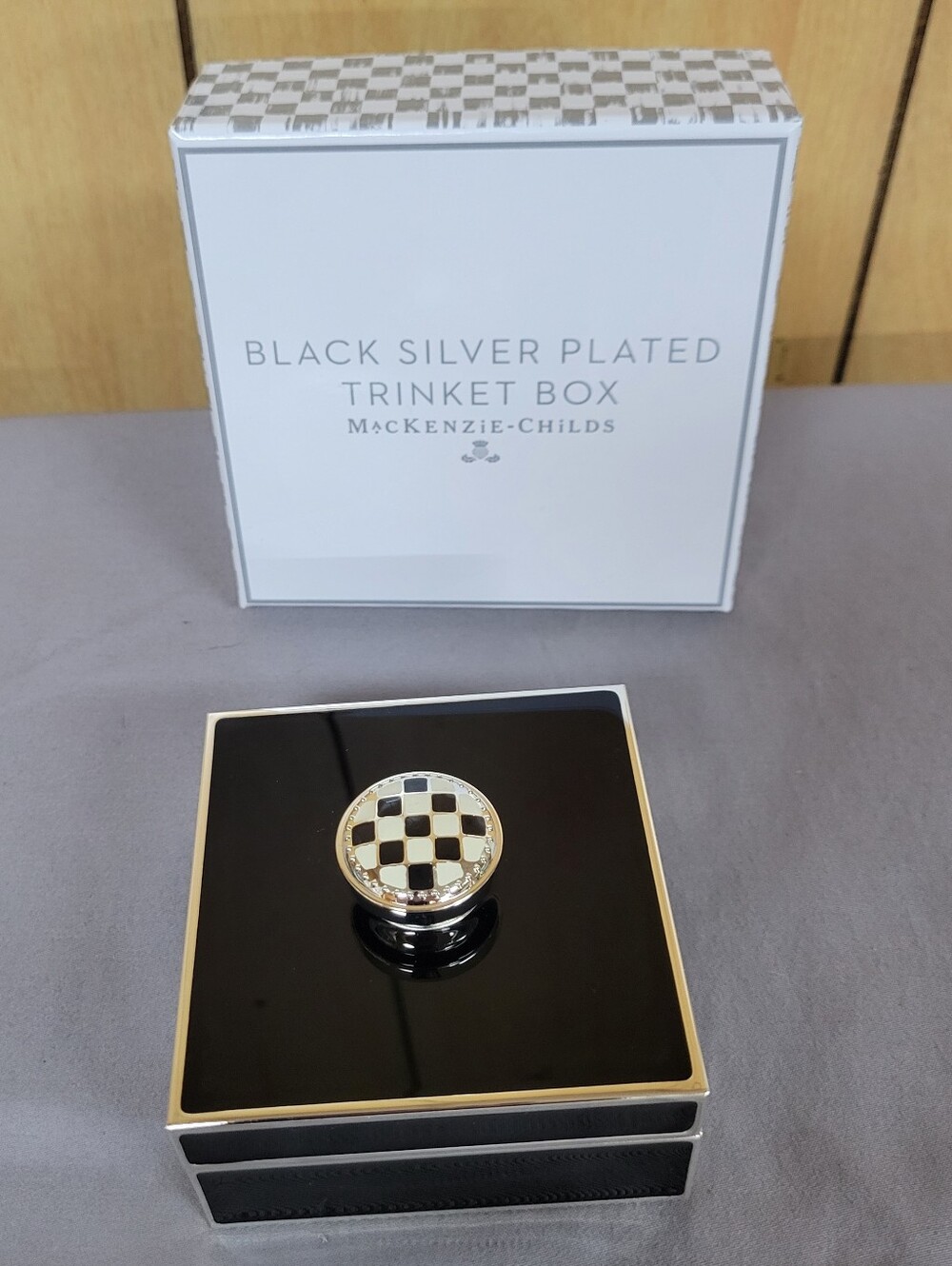 MacKenzie-Childs Black Silver Plated Trinket Box with Check Knob